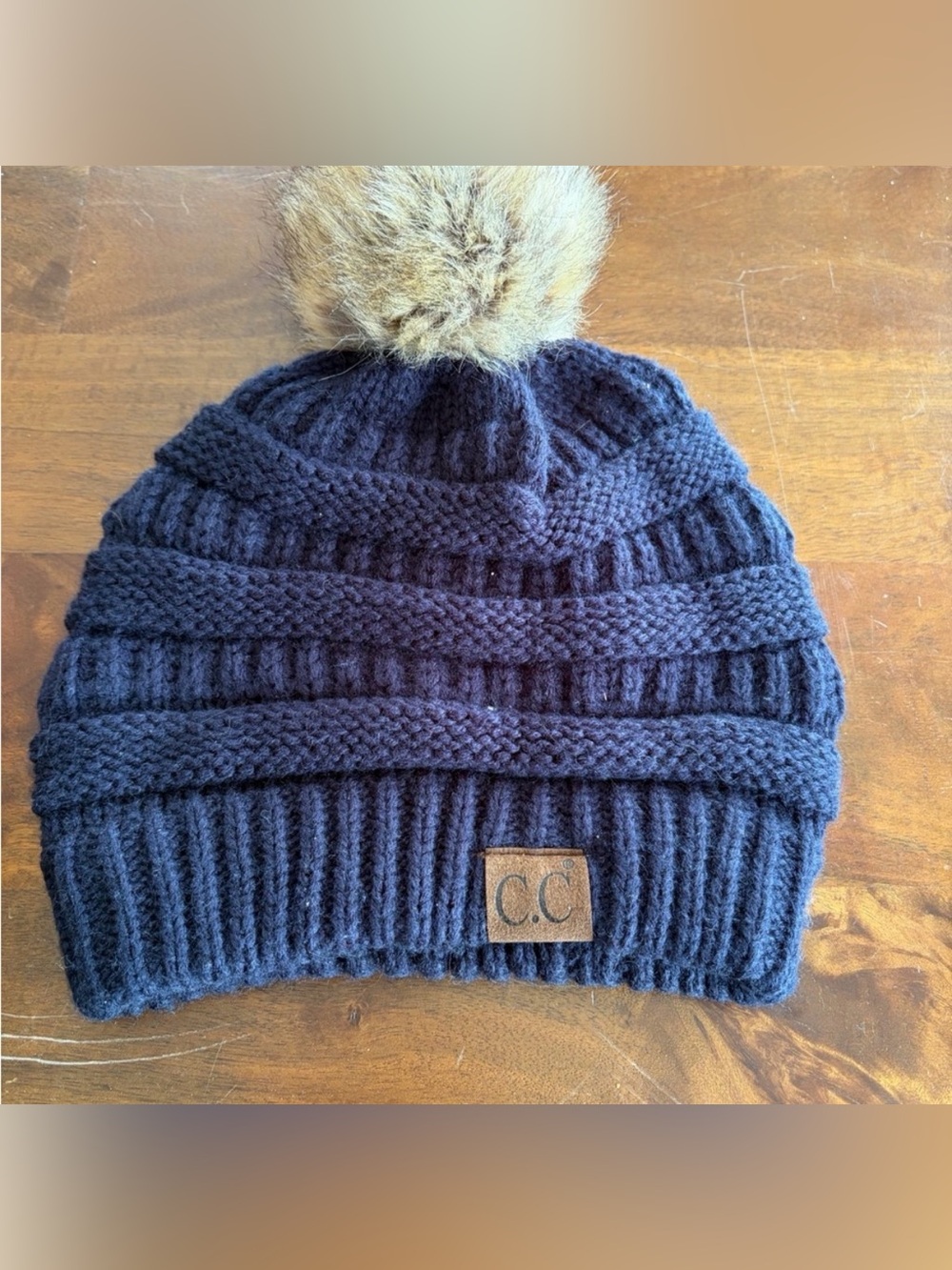 C.C Women’s Navy Knit Pom Beanie with Faux Fur Pom